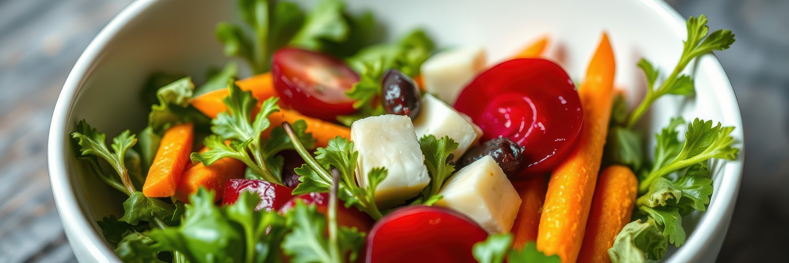 Fresh garden salad with vibrant vegetables and herbs served in a white bowl